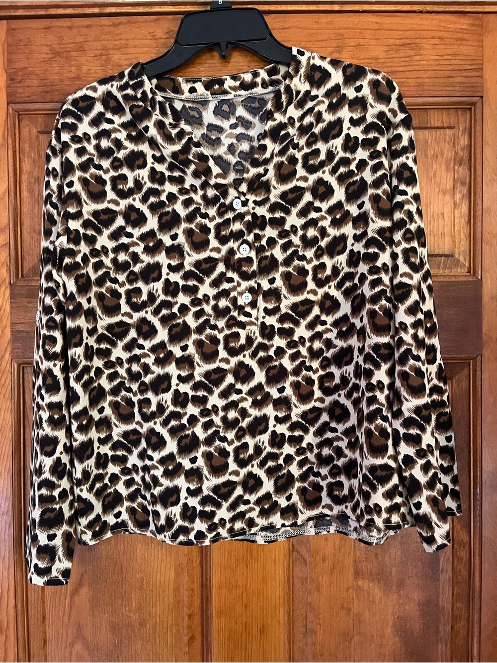 Leopard Print Long-Sleeve V-Neck Button Top - Brown/Black